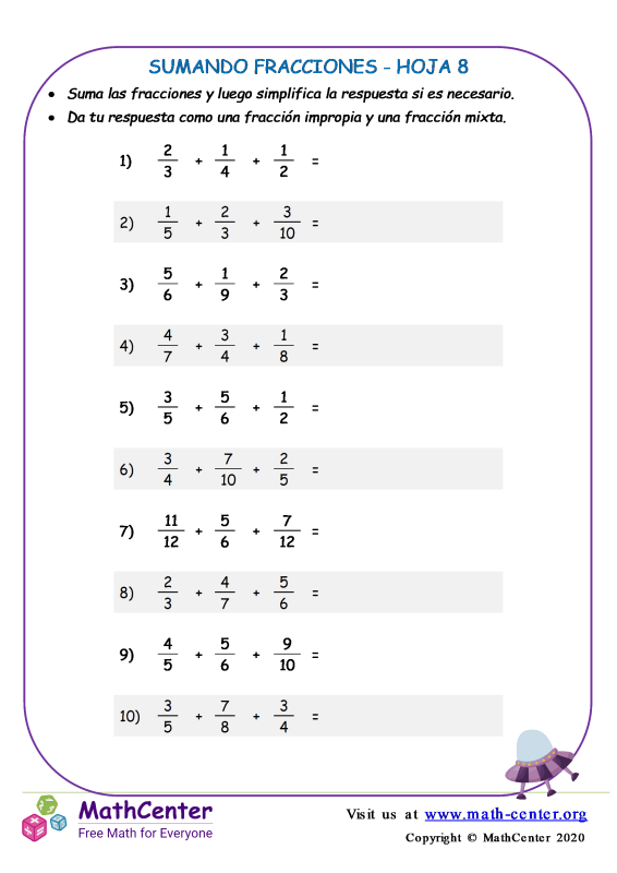 Quinto Grado Hojas De Trabajo Sumar Fracciones Math Center 2550