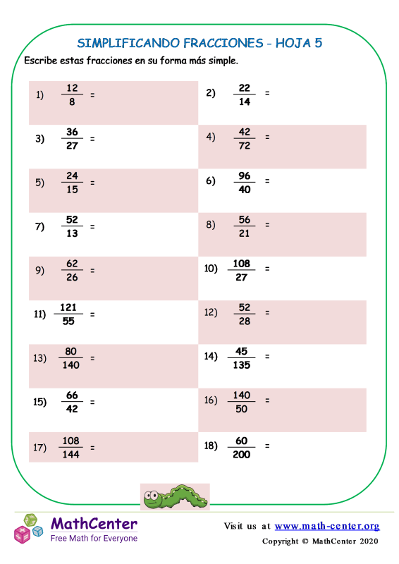 Quinto Grado Hojas De Trabajo Simplificar Fracciones Math Center 2904