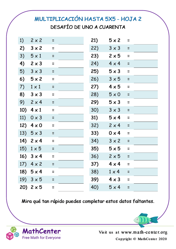 Segundo Grado Hojas de trabajo Tablas de Multiplicar Math Center