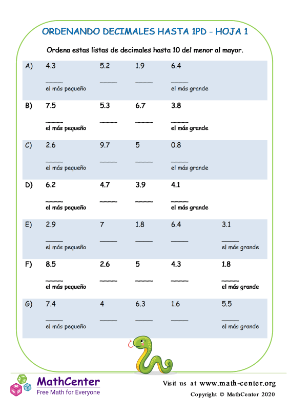 Quinto Grado Hojas De Trabajo Ordenar Decimales Math Center