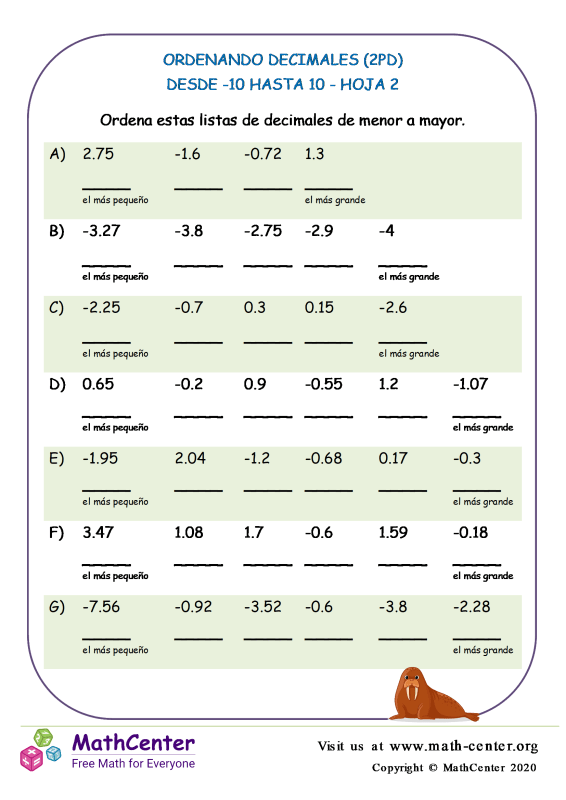 Quinto Grado Hojas De Trabajo Ordenar Decimales Math Center