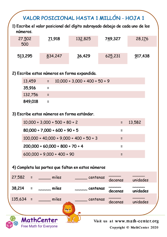 Quinto Grado Hojas De Trabajo Valor Posicional De Varias Cifras Math 