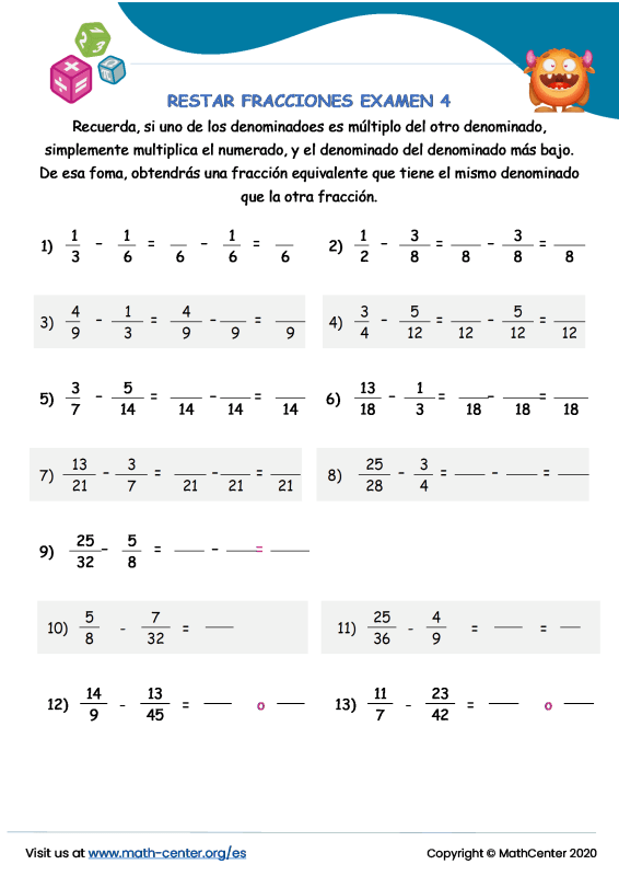 Quinto Grado Pruebas Restar Fracciones Math Center 3071