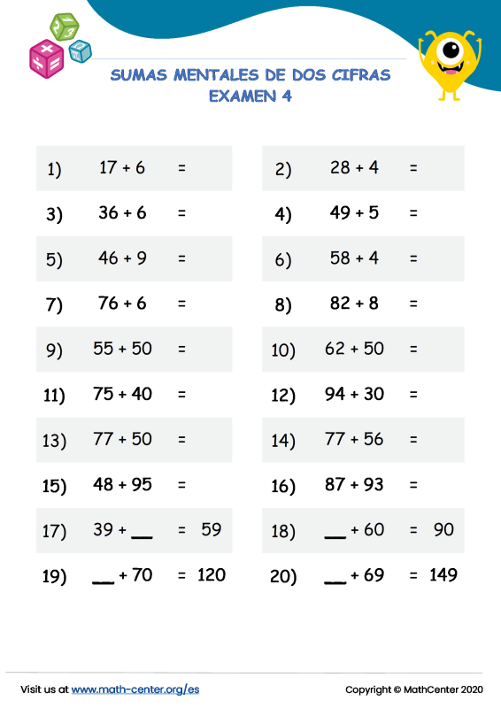 Segundo Grado Pruebas Sumas Mentales De Dos Cifras Math Center Segundo Grado Pruebas Sumas Mentales De Dos Cifras Math Center