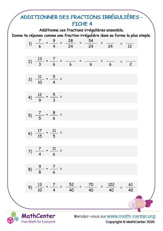 Cm Fiches De Travail Additionner Et Soustraire Des Fractions Math