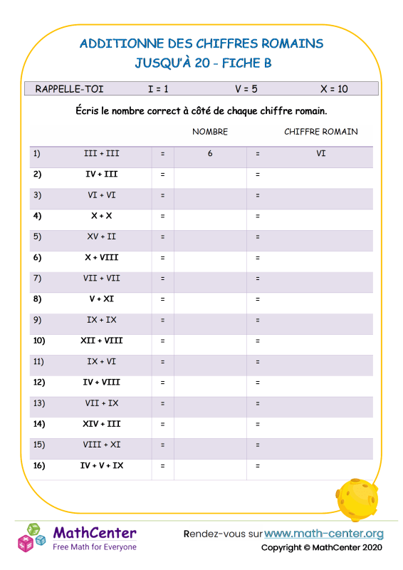 CM2 Fiches de travail Système de numérotation romain Math Center