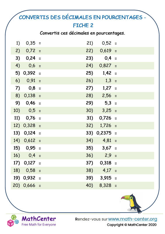 6eme Fiches de travail Conversions de pourcentages Math Center