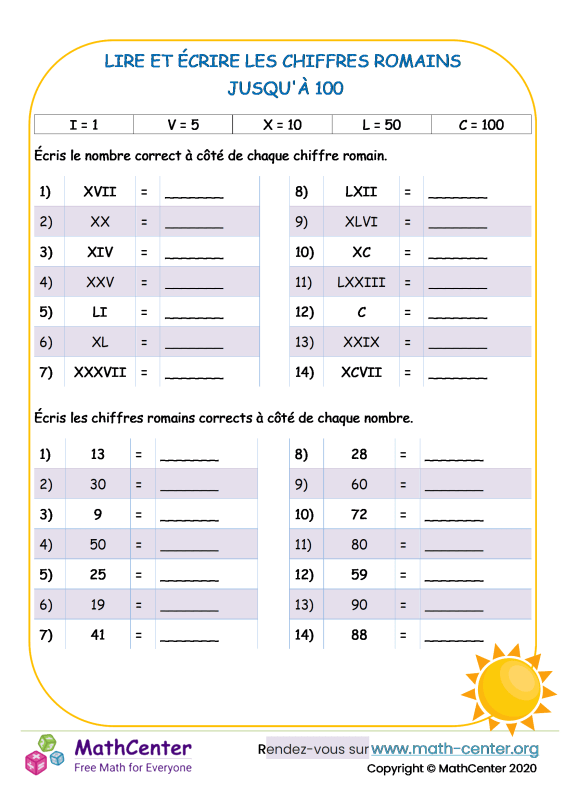 6eme Fiches de travail Système de numérotation romain Math Center