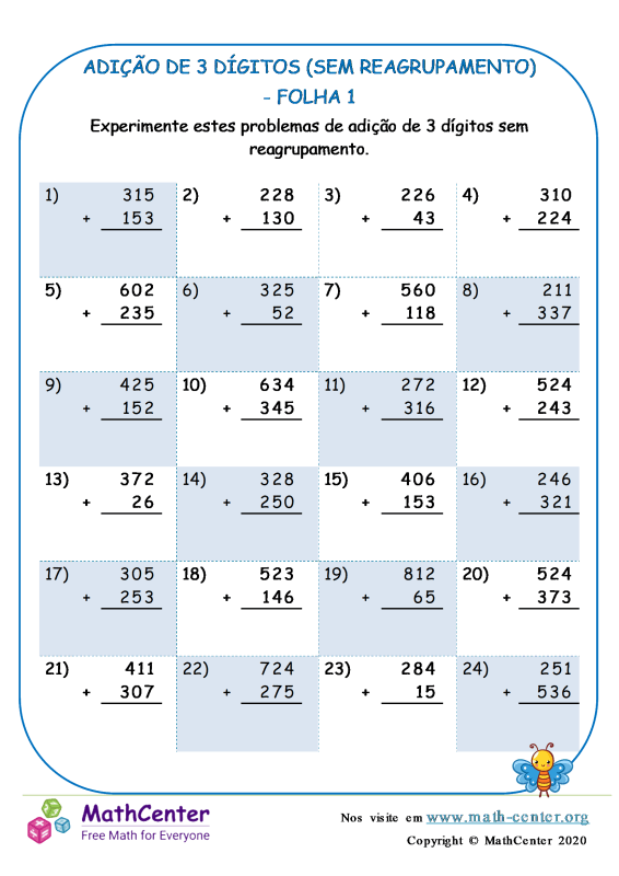 Segundo Ano Planilhas: Adição de Três Dígitos Sem Reagrupamento | Math ...