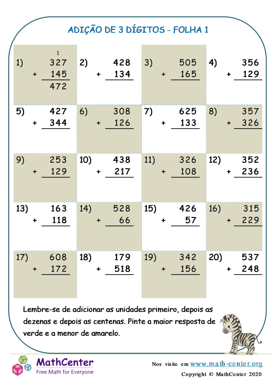 Terceiro Ano Planilhas: Adição de Três Dígitos Com Reagrupamento | Math ...