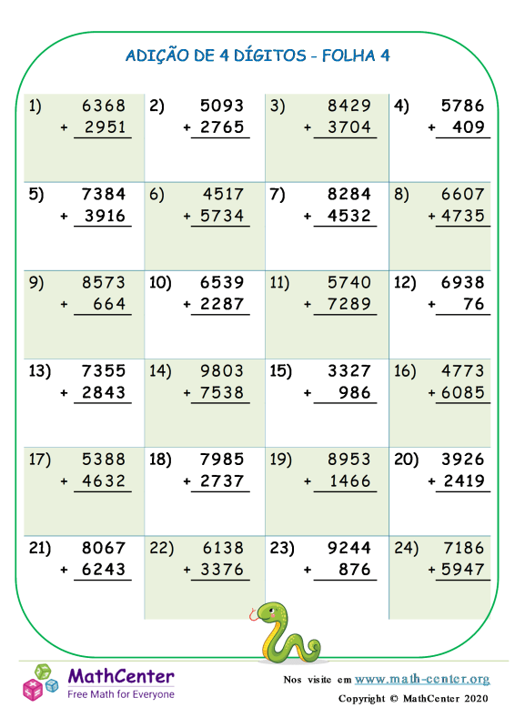 Quarto Ano Planilhas: Adição de Múltiplos Dígitos Com Reagrupamento ...