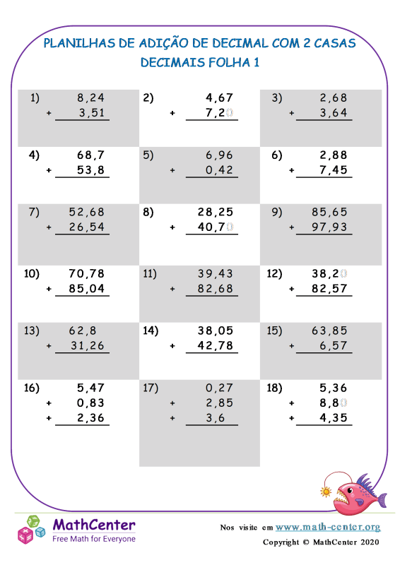 Quinto Ano Planilhas: Adição de Decimais | Math Center