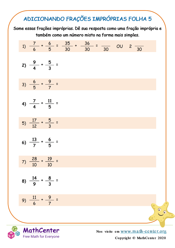 Quinto Ano Planilhas: Adição e Subtração de Frações | Math Center
