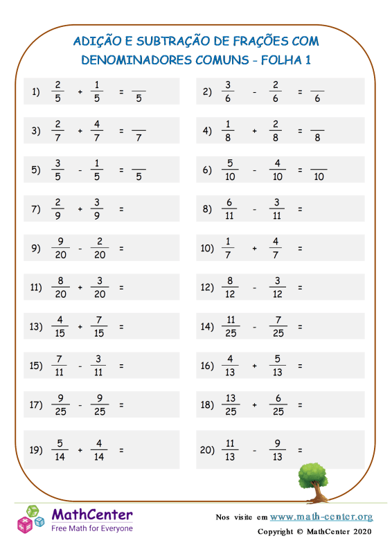 Terceiro Ano Planilhas Adi O E Subtra O De Fra Es Math Center