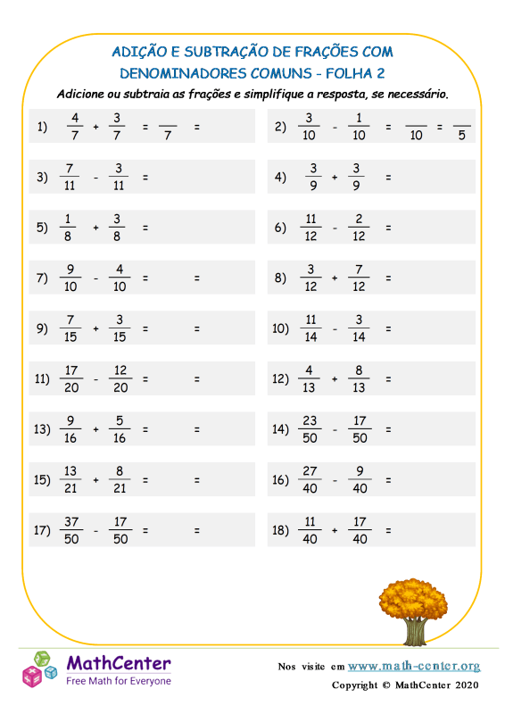Quinto Ano Planilhas: Adição e Subtração de Frações | Math Center