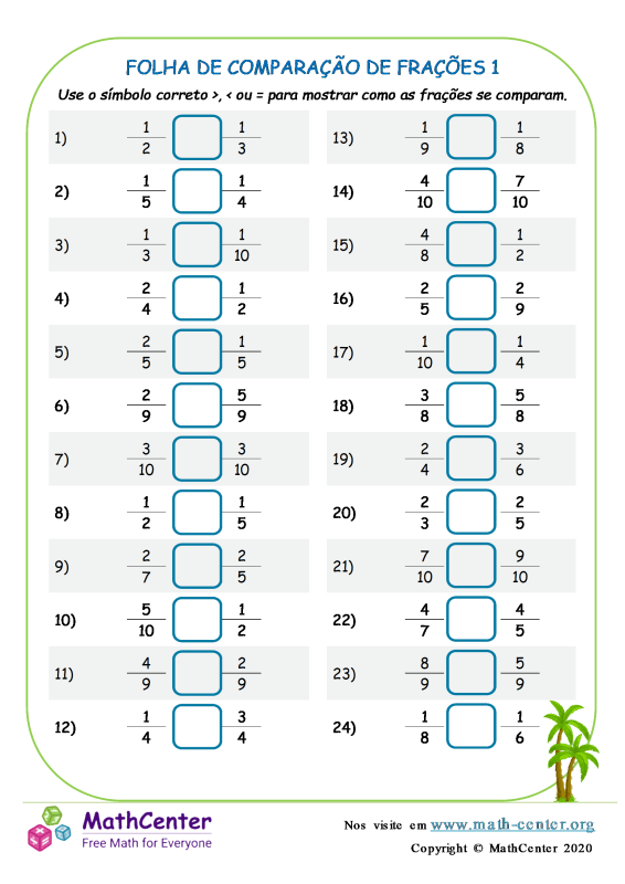 Quinto Ano Planilhas: Comparação de Frações | Math Center