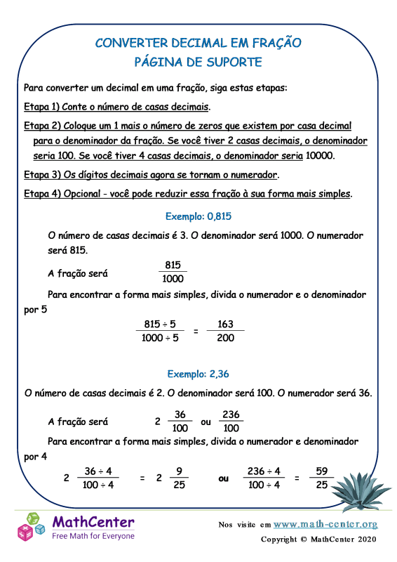 Quinto Ano Páginas de Aprendizagem: Folhas de Informação | Math Center
