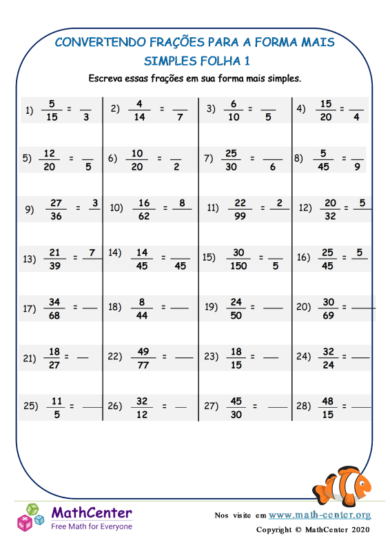 Quinto Ano Planilhas: Simplificação de fração | Math Center