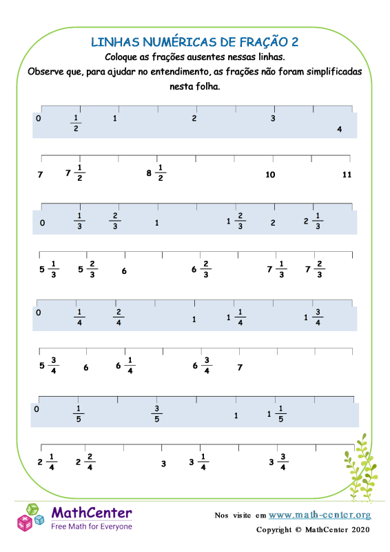 Quinto Ano Planilhas: Reta Numérica Com Frações | Math Center