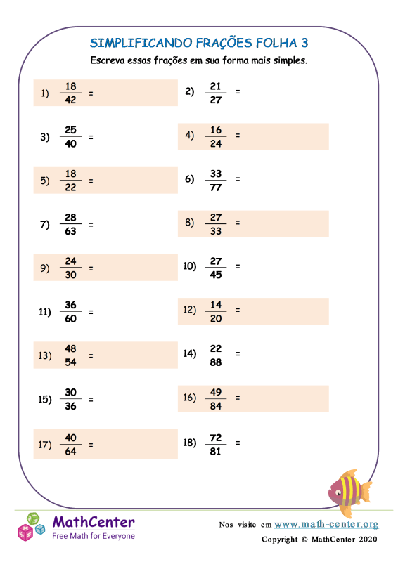 Quinto Ano Planilhas: Simplificação de fração | Math Center