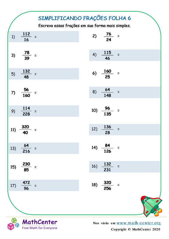 Quinto Ano Planilhas: Simplificação de fração | Math Center