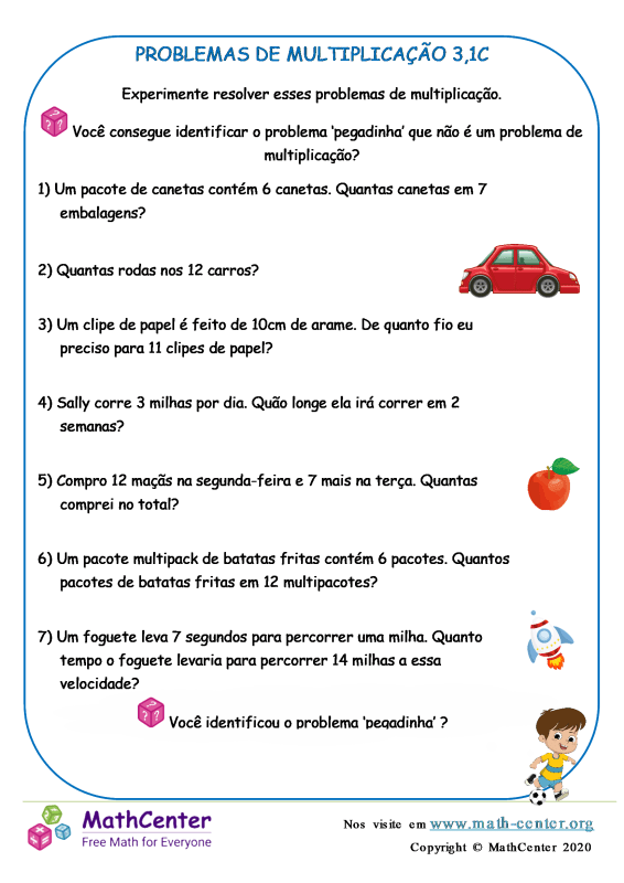 Terceiro Ano Planilhas: Problemas de Multiplicação | Math Center