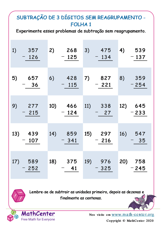 Terceiro Ano Planilhas: Subtração de Três Dígitos Sem Reagrupamento ...