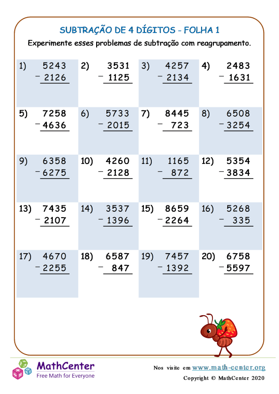 Quarto Ano Planilhas: Subtração de Vários Dígitos Com Reagrupamento ...