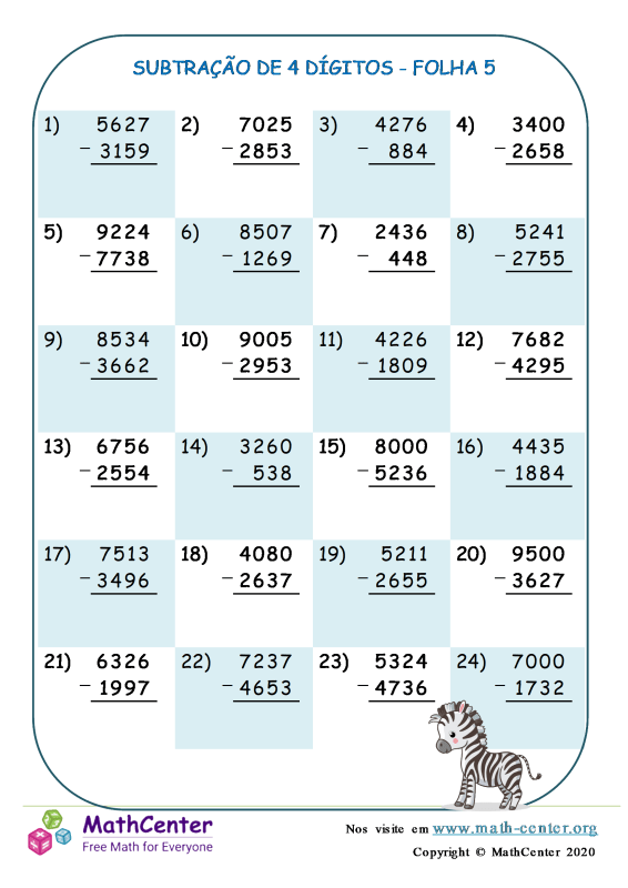 Quarto Ano Planilhas: Subtração de Vários Dígitos Com Reagrupamento ...