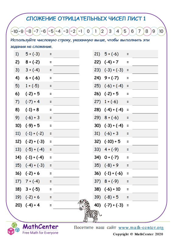 Пятый класс Рабочие листы: Сложение отрицательных чисел | Math Center