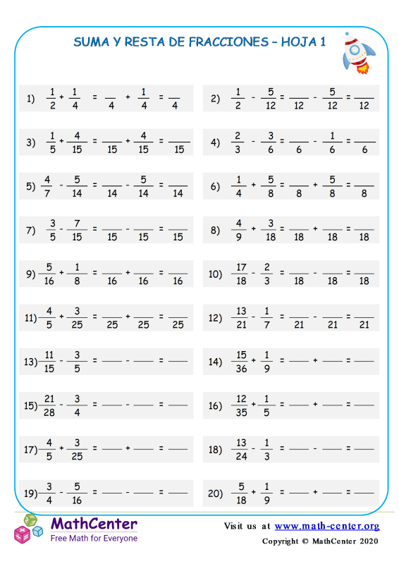 Quinto Grado Hojas De Trabajo Sumar Y Restar Fracciones Math Center 7972