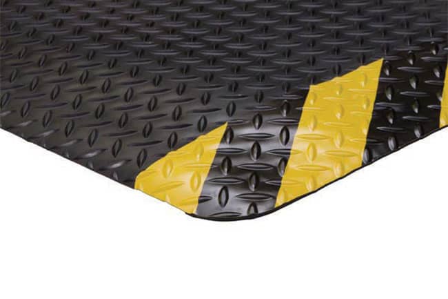 PRO-SAFE Anti-Fatigue Mat: 12' Long, 3' Wide, 11/16 Thick, Vinyl, Beveled Edges, Heavy-Duty - Diamond Plate Surface, Black & Yellow, for Dry Areas