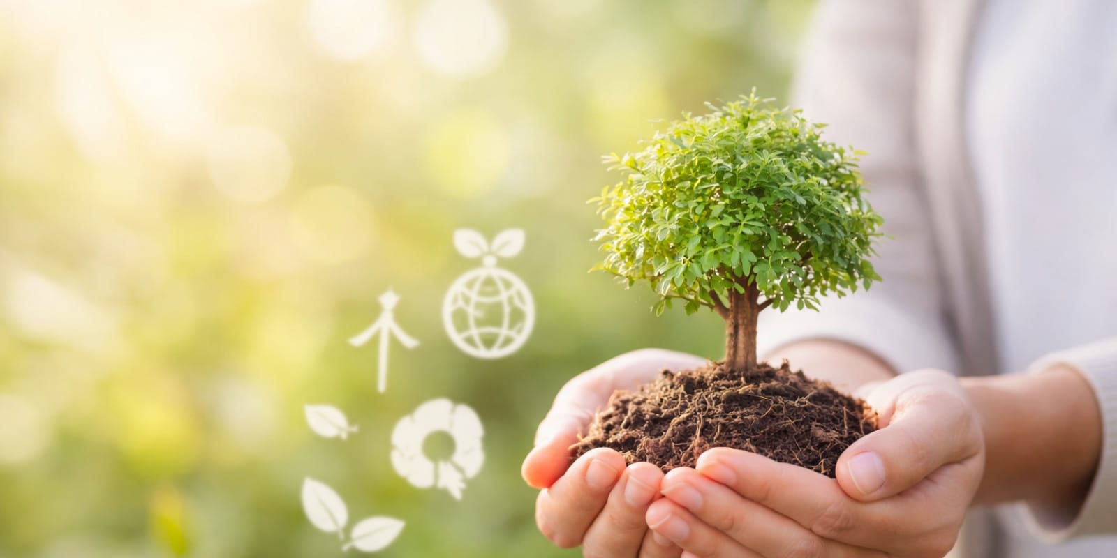 Hender som holder en liten plante i lyst og naturlig miljø