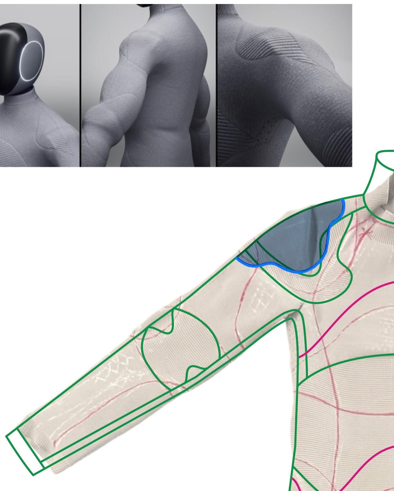 A technical diagram of a grey compression garment with green and blue mapping lines in the foreground, with three detailed 3D renders of the suit's texture and fit in the background.