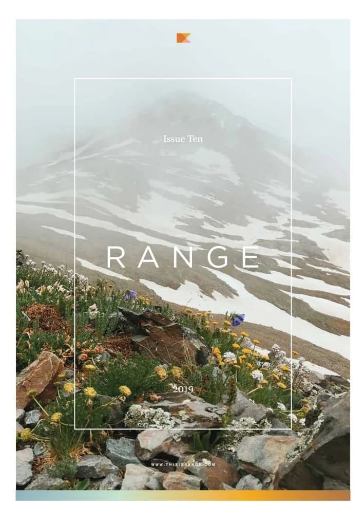Wildflowers bloom on a rocky slope in the foreground, with a misty, snow-dusted mountain peak in the background.