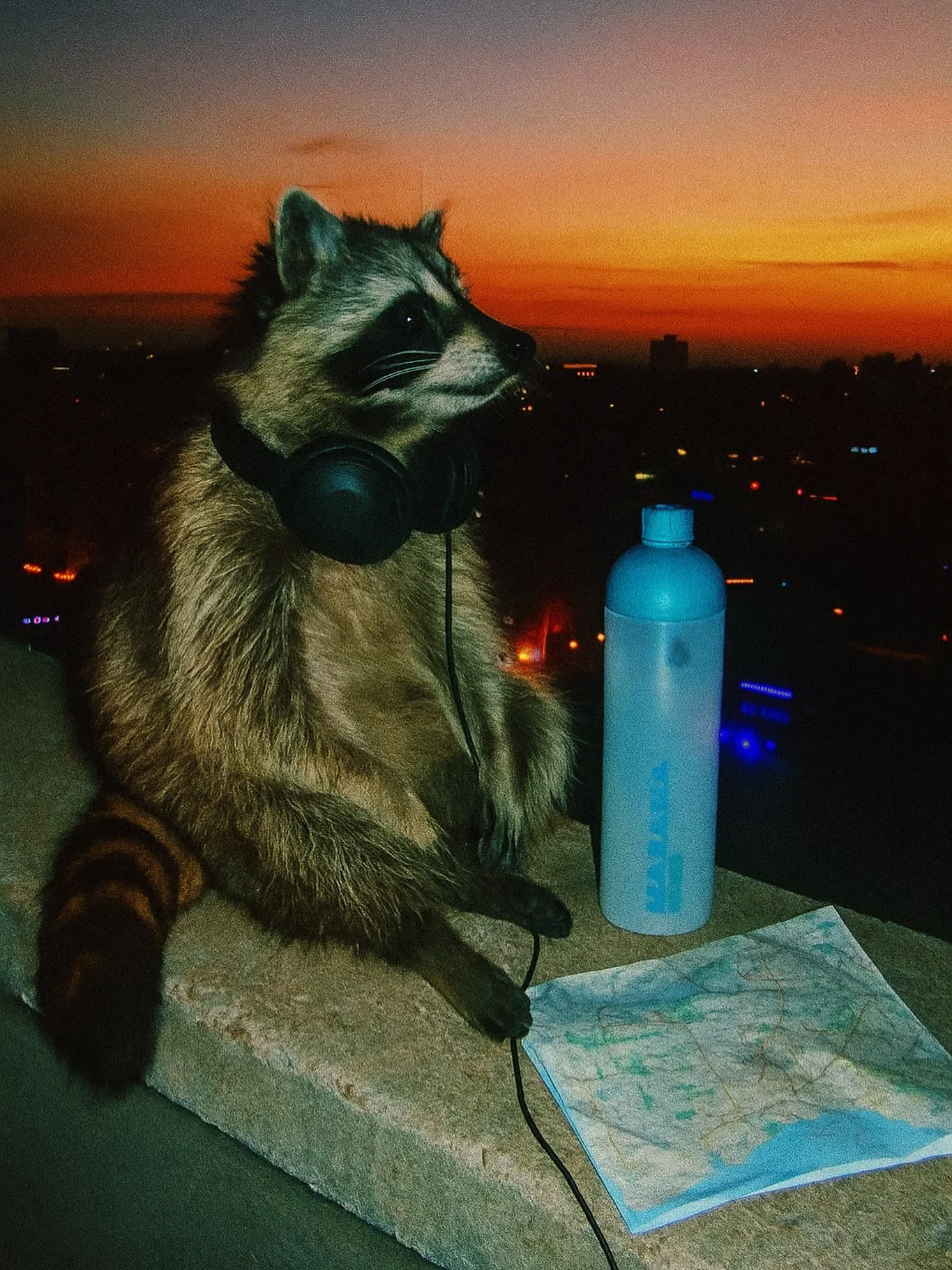 A raccoon wearing headphones sits on a ledge with a water bottle and a map, set against a city skyline at sunset.