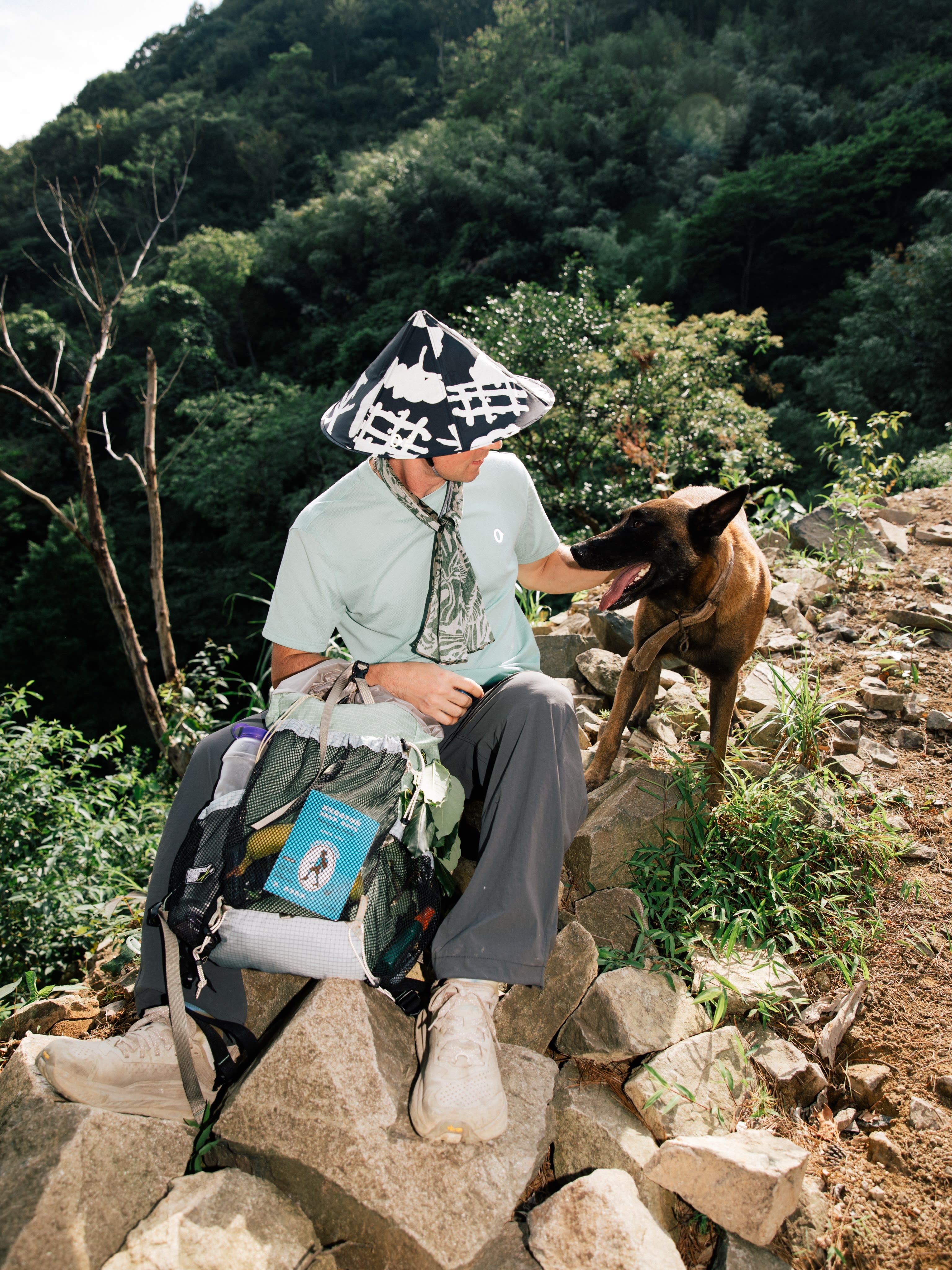 A person wearing a conical hat and a light green shirt sits on rocks with a backpack, while a dog stands beside them on a trail with a lush, green hillside in the background.