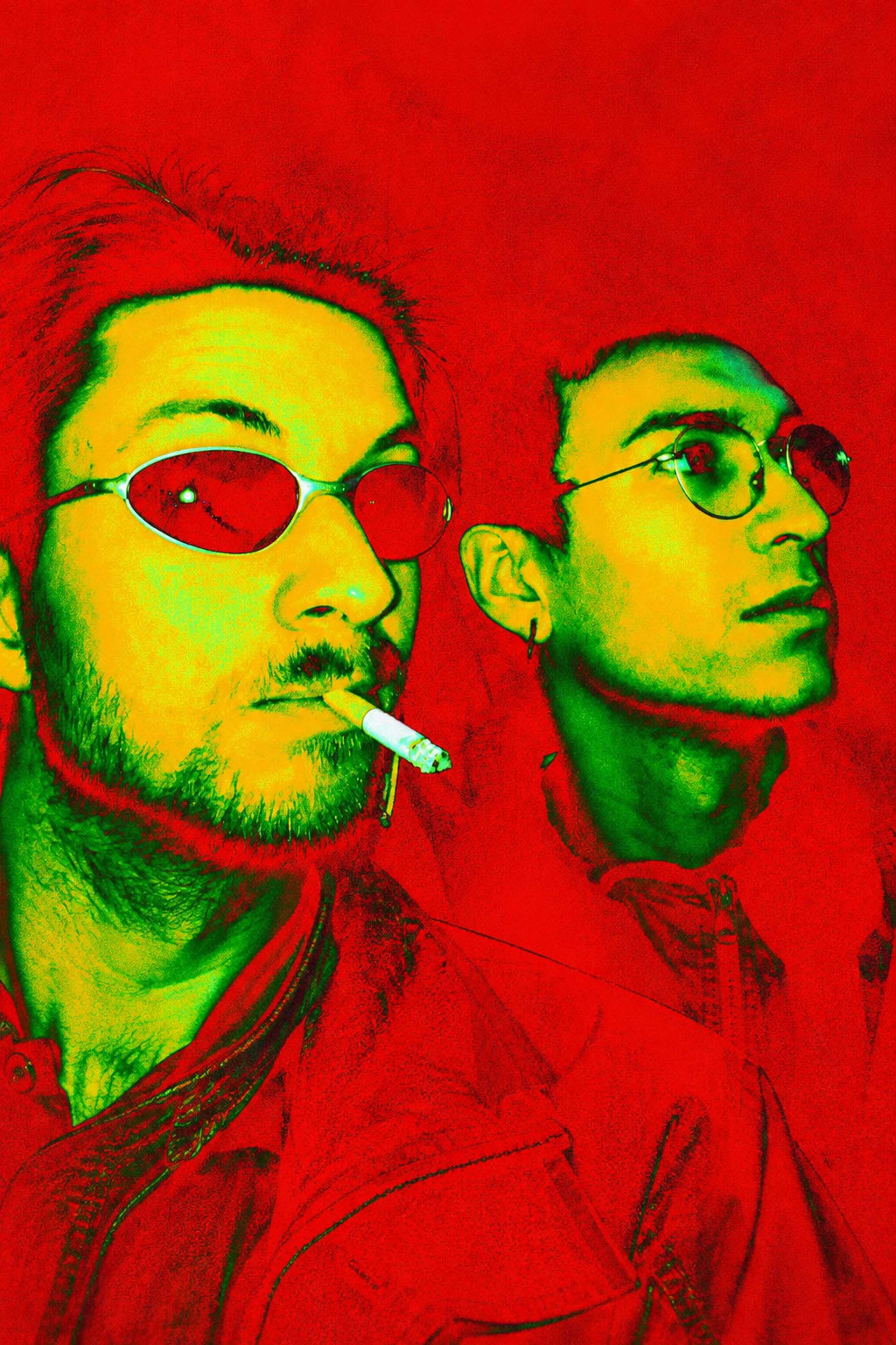 Two men wearing sunglasses, one with a cigarette in his mouth, are positioned in the foreground against a vibrant, saturated red background.