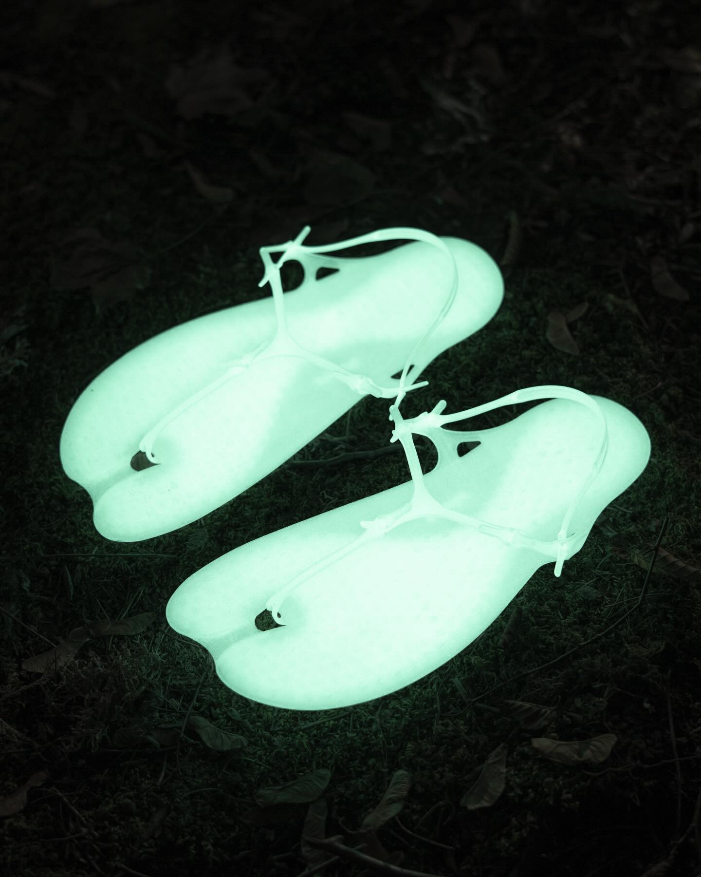 A pair of glowing neon green shoes rests on a dark, leaf-strewn ground.
