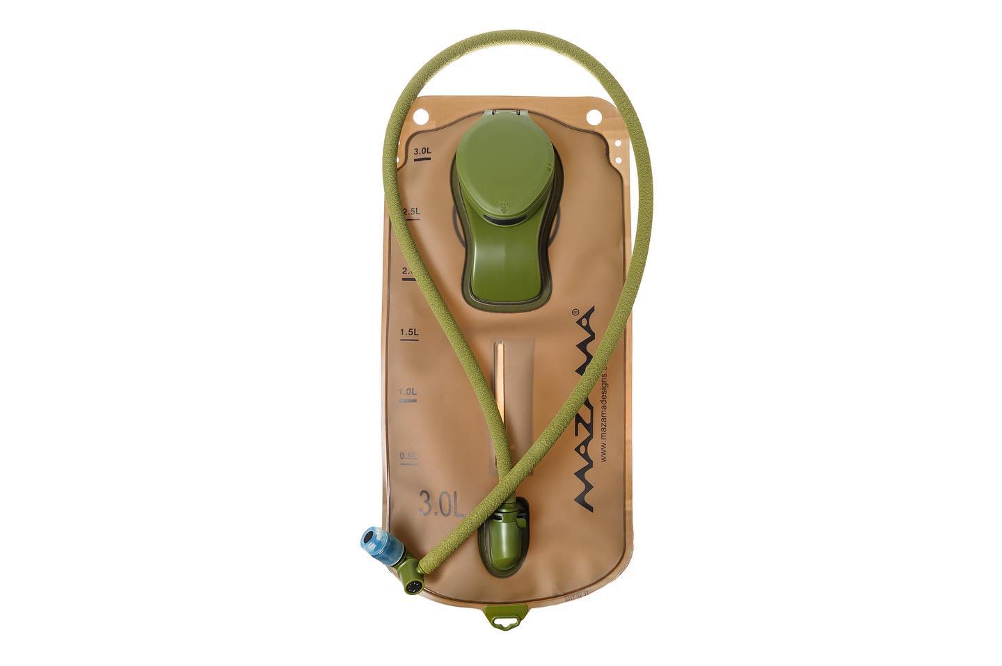A dual-chamber hydration bladder with two blue drinking tubes is set against a plain white background.