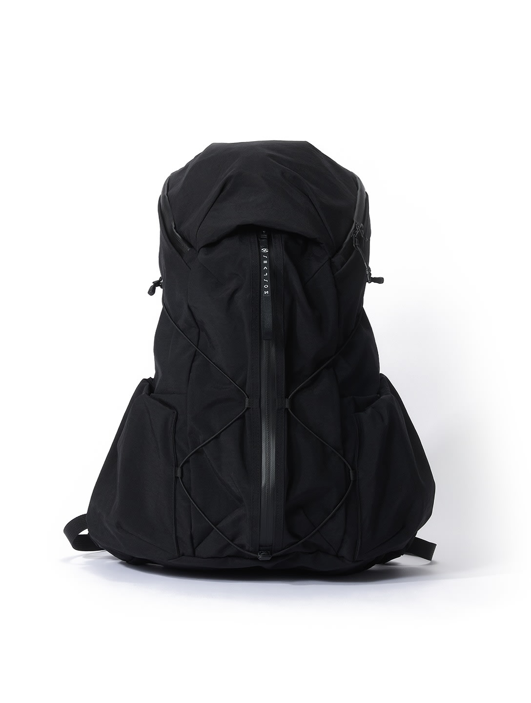 A black backpack stands centered against a plain white background.