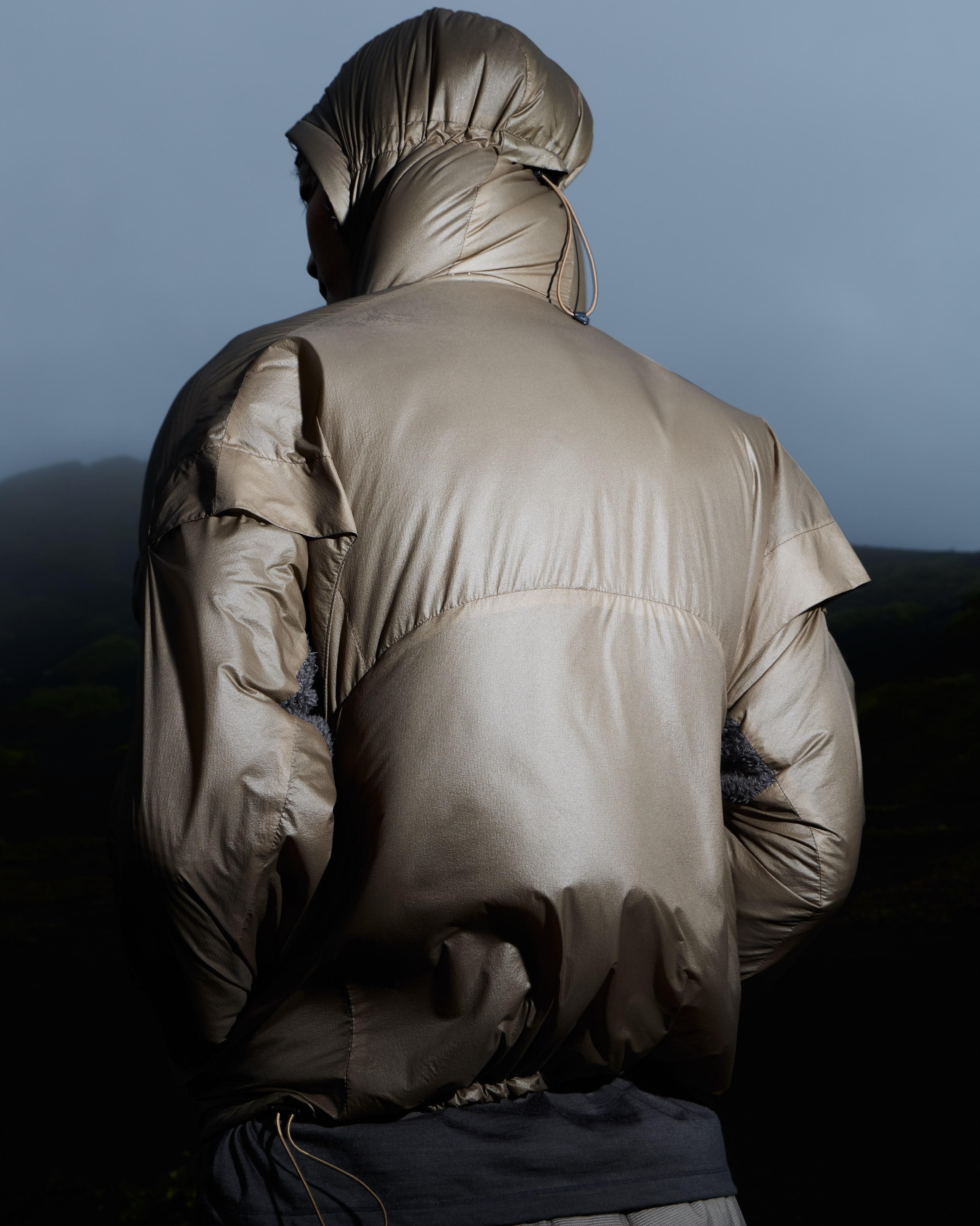A person wearing a metallic gold hooded jacket stands with their back to the camera against a backdrop of misty, dark hills.