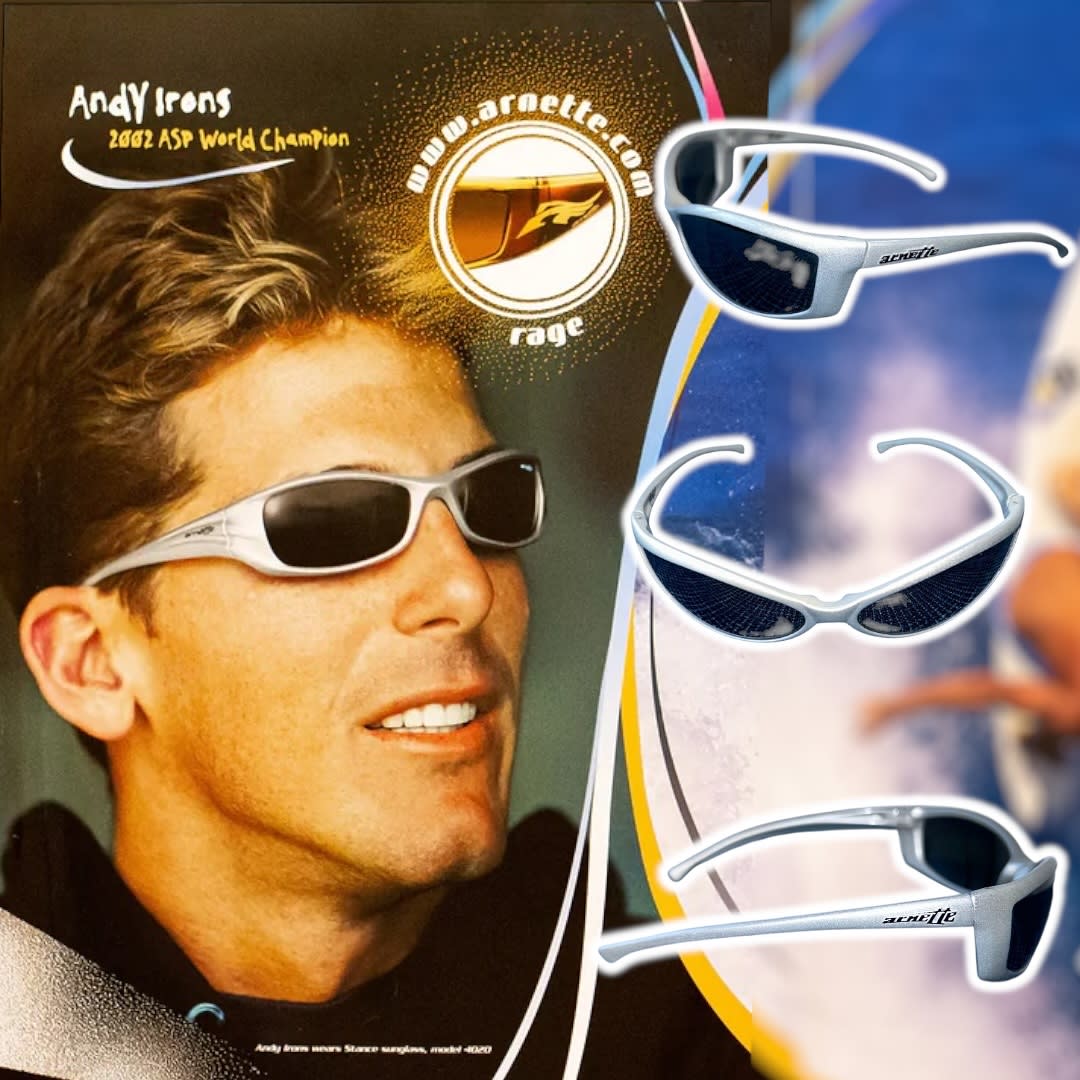 A man wearing silver sunglasses is featured in a promotional advertisement, with three separate views of the sunglasses displayed against a blue and white background.