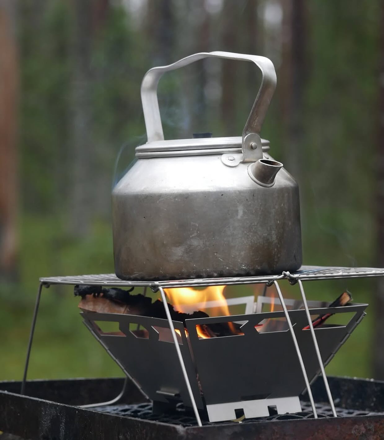 A silver tea kettle boils over a small campfire in a portable metal stove against a blurred forest background.
