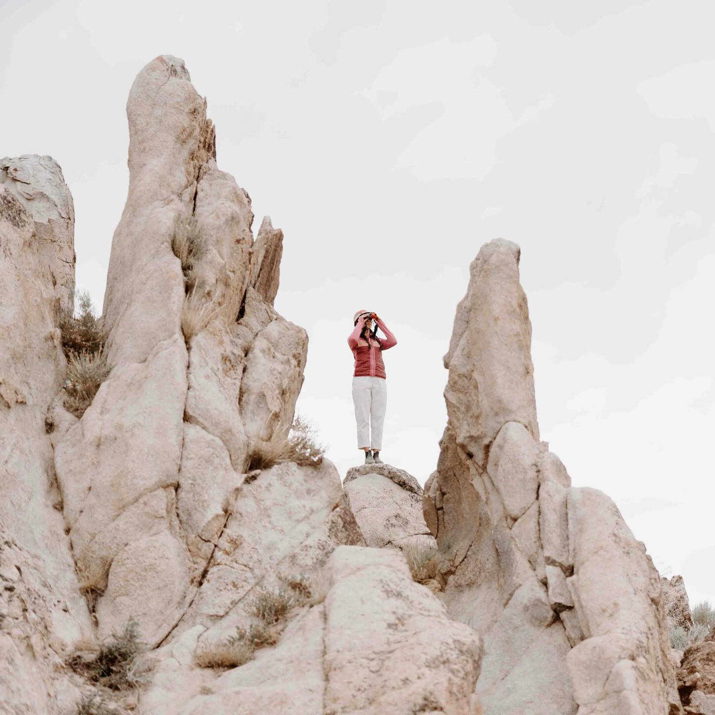 A person stands atop a rocky outcrop in the foreground, with towering rock formations and a pale sky in the background.