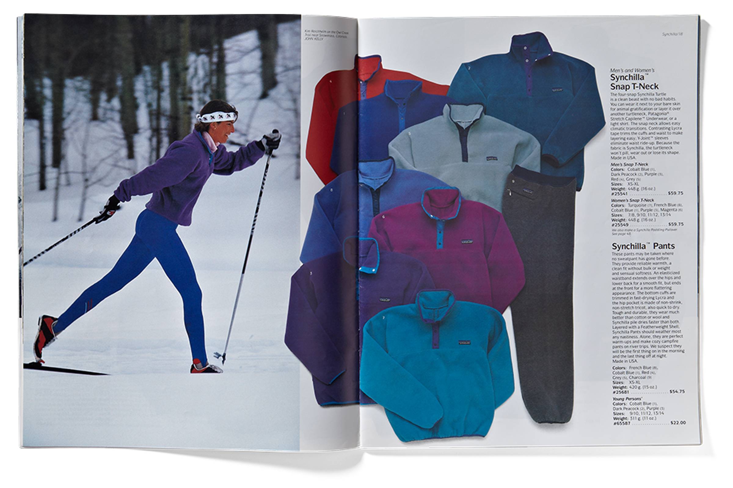 A woman cross-country skis in a snowy forest while a catalog page displays colorful fleece pullovers and pants.