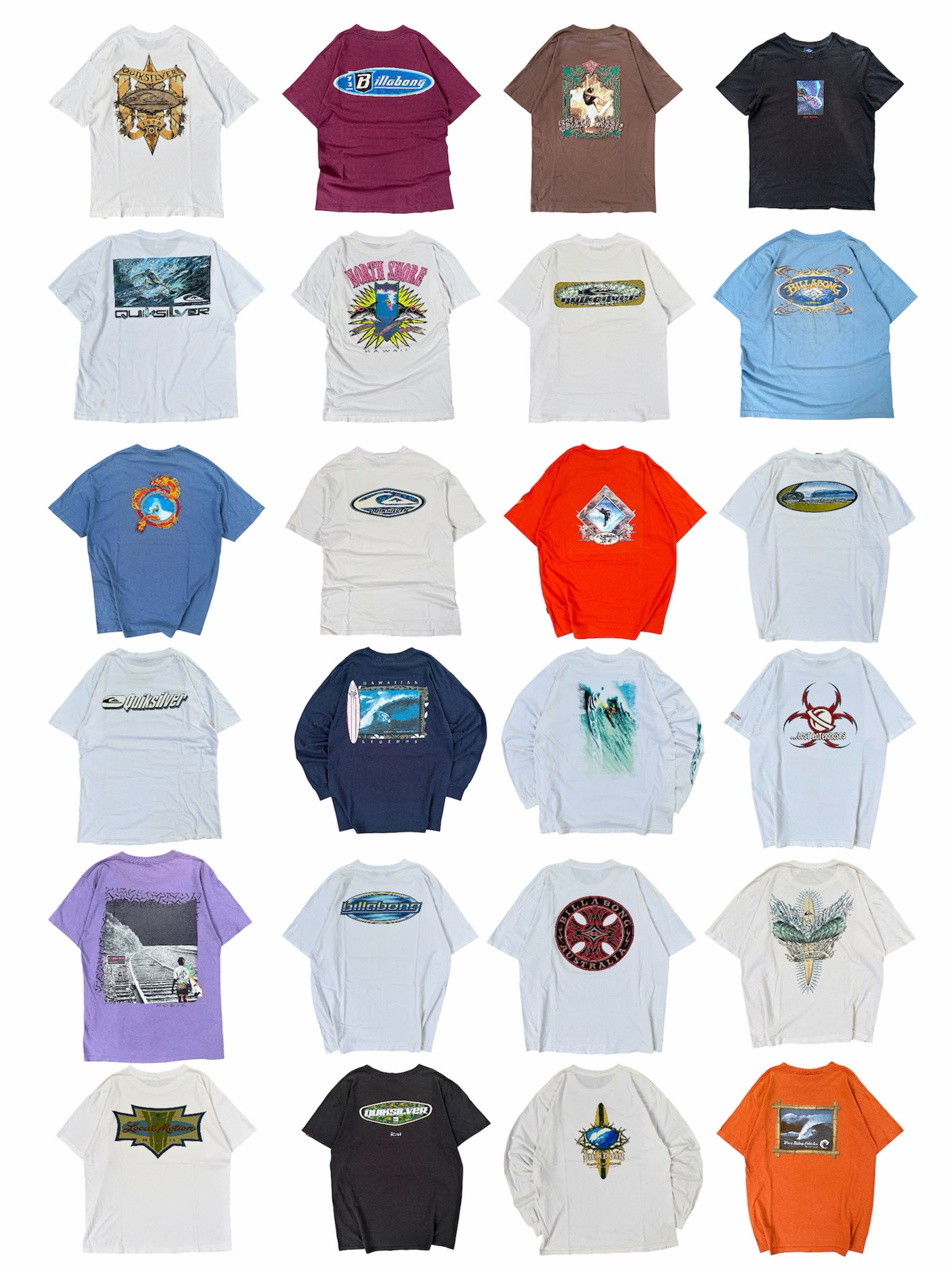 A collection of vintage surf-branded t-shirts in various colors and designs is layered across a light-colored background.