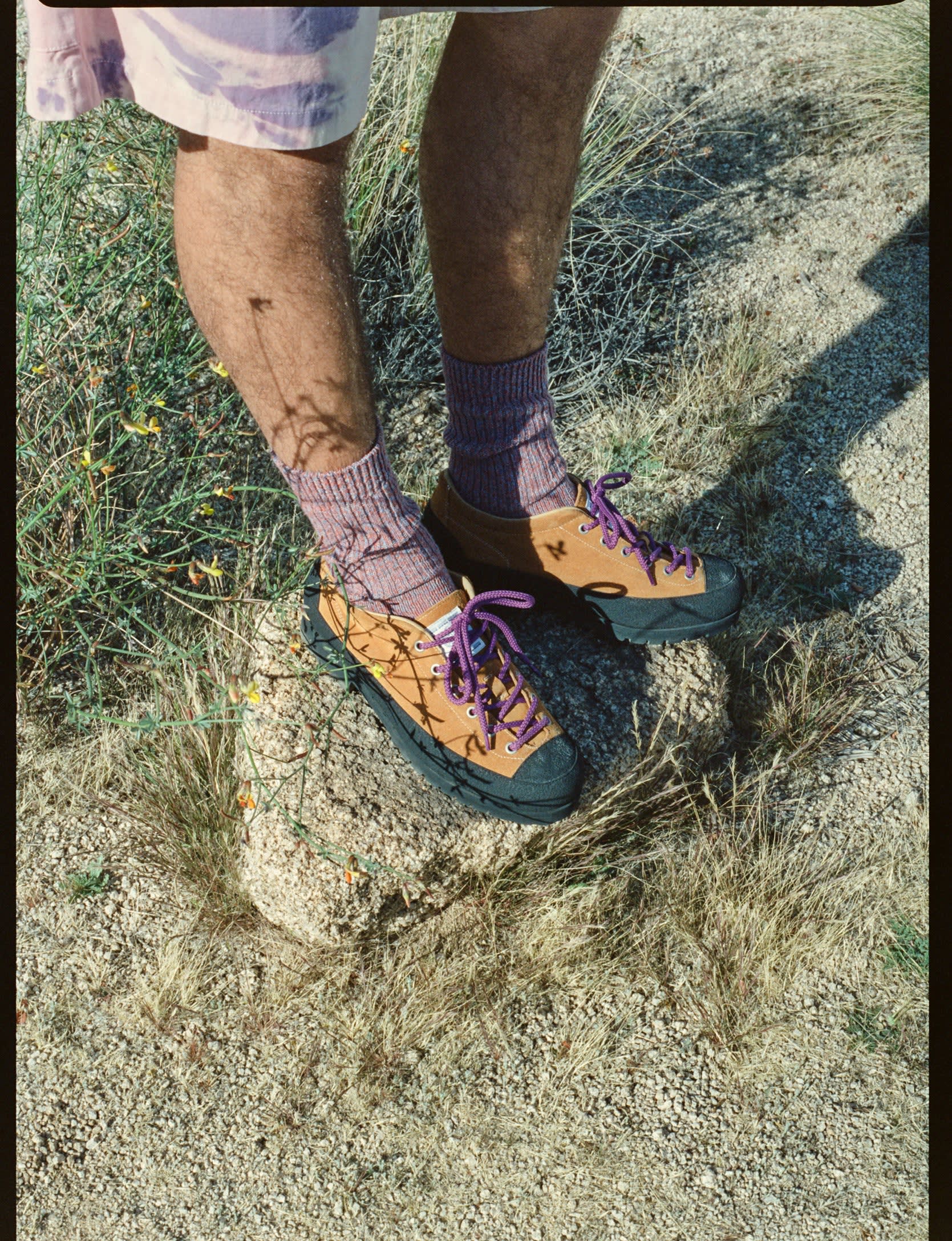A person's legs, clad in purple socks and tan sneakers, stand on a rocky, grassy ground with a shadow of a plant cast on their left leg, while a blurred background suggests an outdoor, sunny environment.