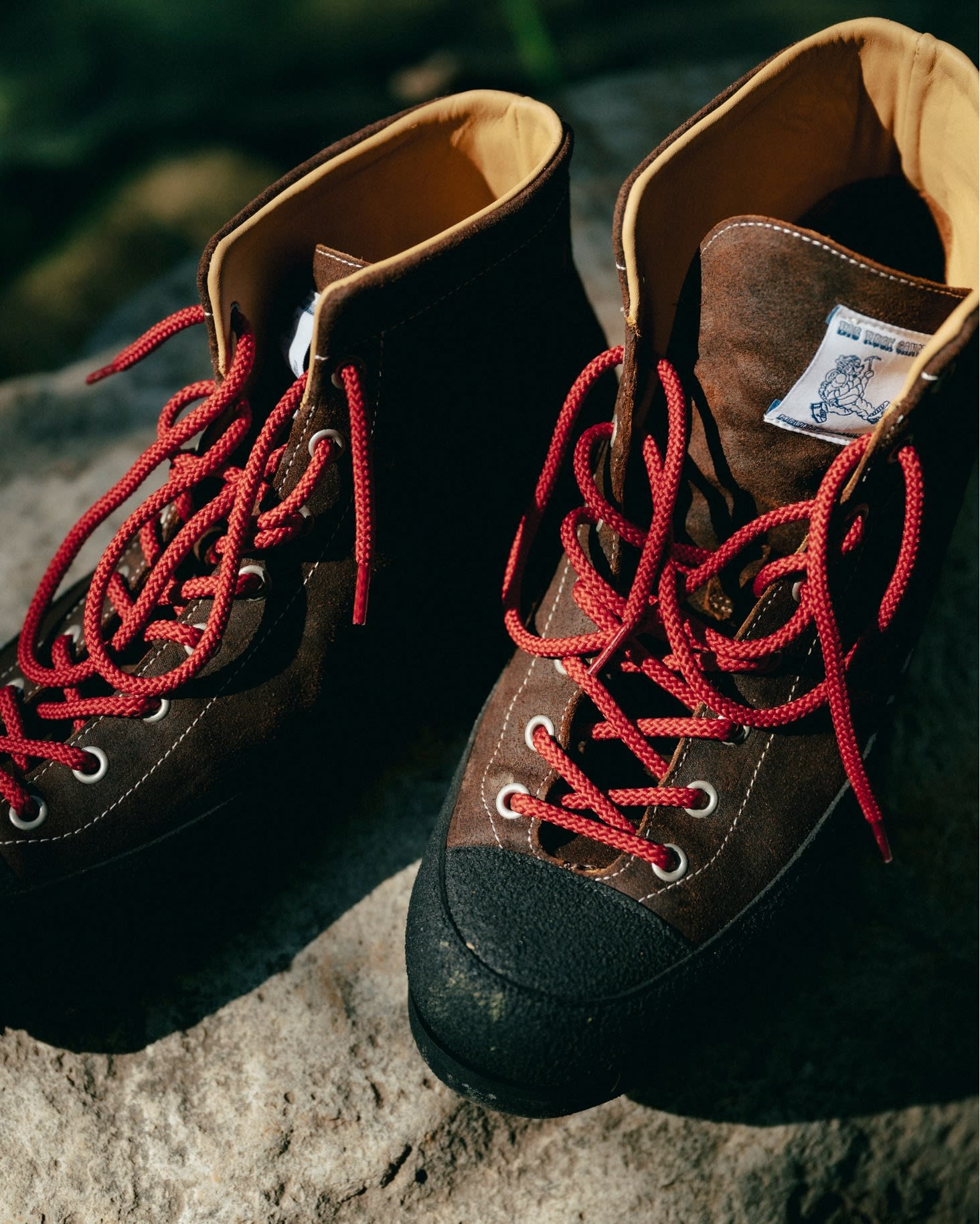 A pair of brown hiking boots with red laces rests on a textured rock in the foreground, with a blurred green background suggesting an outdoor setting.