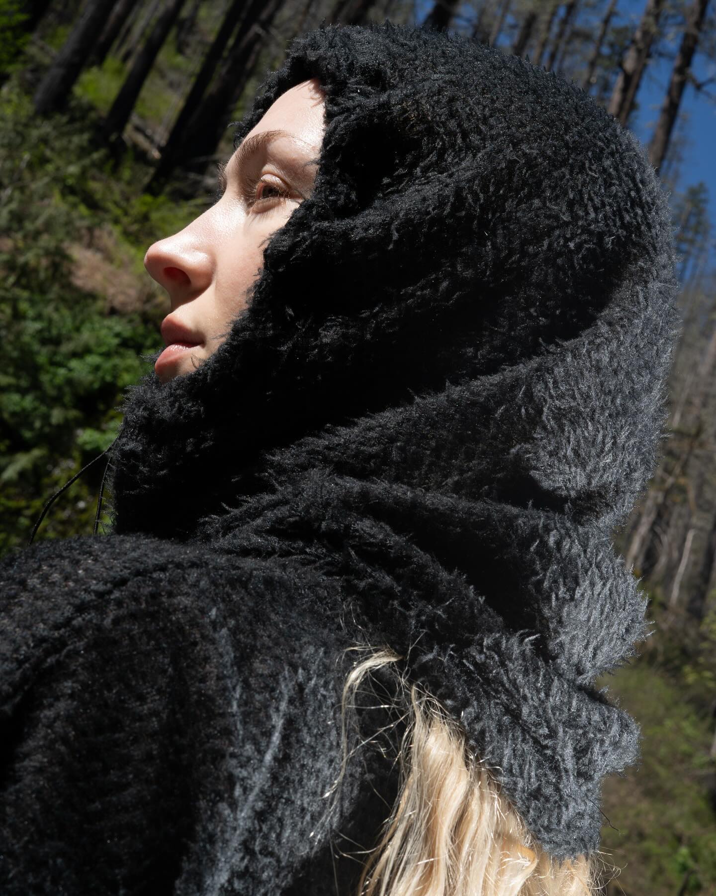 A person wearing a textured black hooded cloak stands in profile against a backdrop of a sunlit forest.
